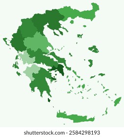 Map of Greece with regions. Just a simple country border map with region division. Green color palette. Flat Hellenic Republic shape with administrative division. Vector illustration.