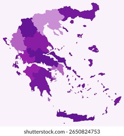 Map of Greece with regions. Just a simple country border map with region division. Purple color palette. Flat Hellenic Republic shape with administrative division. Vector illustration.