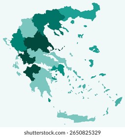 Map of Greece with regions. Just a simple country border map with region division. Teal color palette. Blank Hellenic Republic shape with administrative division. Vector illustration.
