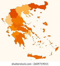 Map of Greece with regions. A simple country border map with regional divisions. Orange color palette. Plain Hellenic Republic shape with administrative division. Vector illustration.