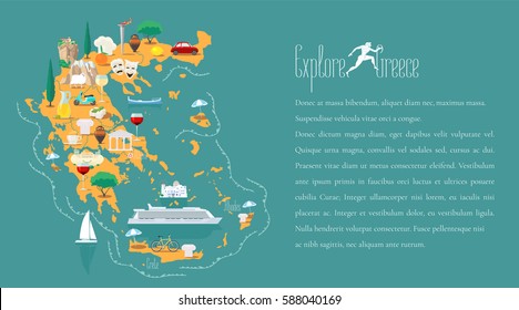 Map of Greece template vector illustration. Icons with Greek ruins, columns, acropolis. Explore Greece concept image