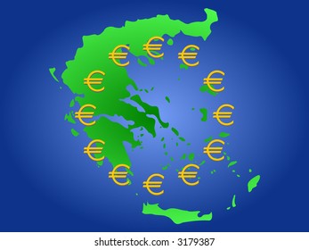 map of Greece and twelve golden euro symbols based on European union flag