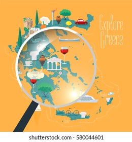 Map of Greece vector illustration, design element. Icons with Greek landmarks, travel places of interests. Explore Greece concept image with magnifier