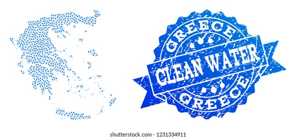 Map of Greece vector mosaic and clean water grunge stamp. Map of Greece composed with blue aqua dews. Seal with corroded rubber texture for clean drinking water.