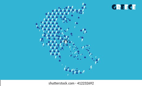 Map of Greece. Zeus' Lightning and Hades' Blue Flames. Athena's Owl Stands for Athens.