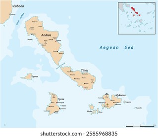 Map of the Greek Cyclades islands Andros, Tinos Syros and Mykonos