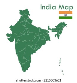Mapa del mapa de la India Verde con ciudades y territorios separados.