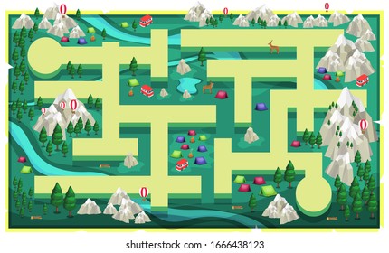 Map Green Nature Rocks Mountain with path and Big Trees, Colorful tent camping, van, deers and woods for 2D Game Platformer Vector Illustration