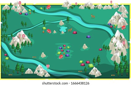 Mapa de la naturaleza verde roca paisaje de montaña con grandes árboles, ríos, campamentos coloridos, camioneta, ciervos y bosques Vectores Ilustración Ideas de diseño