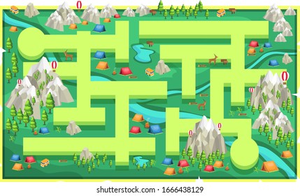 Map Green Rocks Mountain with path and Big Trees, Colorful tent camping, van, deers and woods for 2D Game Platformer Vector Illustration