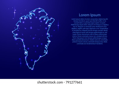 Map Greenland from the contours network blue, luminous space stars for banner, poster, greeting card, of vector illustration