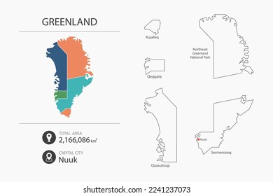 Map of Greenland with detailed country map. Map elements of cities, total areas and capital.