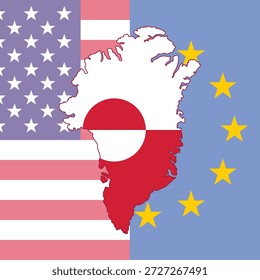 The map of Greenland with its official flag isolated on the USA and EU flags