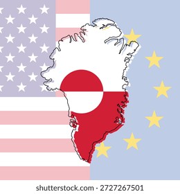 El mapa de Groenlandia con su bandera oficial aislado en las banderas de Estados Unidos y de la UE
