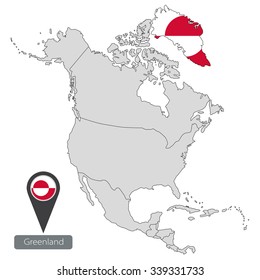 Map of Greenland with an official flag. Location in North America