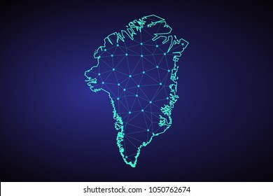 Map of Greenland from Polygonal wire frame low poly mash, contours network line, luminous space stars, design sphere, dot and structure. Vector Illustration EPS10.