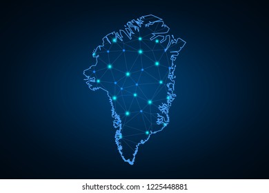 Map of Greenland from Polygonal wire frame low poly mash, contours network line, luminous space stars, design sphere, dot and structure. Vector Illustration EPS10.