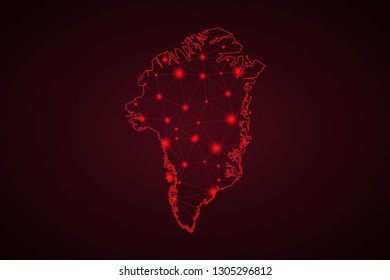 Map of Greenland from Polygonal wire frame low poly mash, contours network line, luminous space stars, design sphere, dot and structure. Vector Illustration EPS10. - Vector