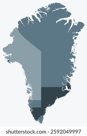 Map of Greenland with regions. Just a simple country border map with region division. Blue grey color palette. Plain Greenland shape with administrative division. Vector illustration.