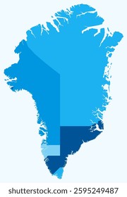 Map of Greenland with regions. Just a simple country border map with region division. Light blue color palette. Plain Greenland shape with administrative division. Vector illustration.