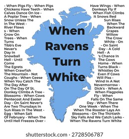 Mapa de Groenlandia con el texto Cuando los cuervos se vuelven blancos sobre el fondo de muchas formas diferentes de proverbios, diciendo que no sucederá como hasta que el infierno se congele.