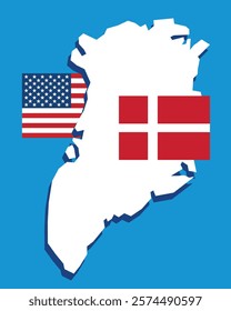 Map of Greenland with USA and Denmark flags on blue background. Concept of belonging. Vector illustration.