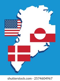 Map of Greenland with USA, Greenland and Denmark flags on blue background. Concept of belonging. Vector illustration.