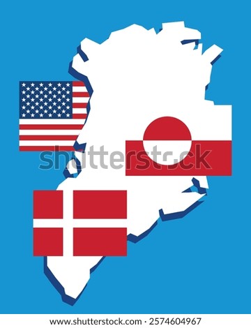 Map of Greenland with USA, Greenland and Denmark flags on blue background. Concept of belonging. Vector illustration.
