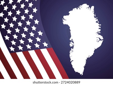 Mapa de Groenlandia en blanco sobre un fondo azul con la bandera de los Estados Unidos de América en la esquina inferior