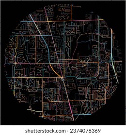Map of Greenwood, Indiana with all major and minor roads, railways and waterways. Colorful line art on black background.
