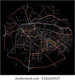 Map of Greifswald, Mecklenburg-Western Pomerania with all major and minor roads, railways and waterways. Colorful line art on black background.