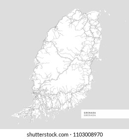 Map of Grenada Island, Grenada, contains geography outlines for land mass, water, major roads and minor roads.