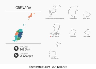Map of Grenada with detailed country map. Map elements of cities, total areas and capital.