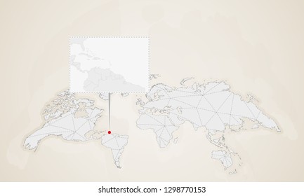 Map of Grenada with neighbor countries pinned on world map. Abstract triangles World Map.