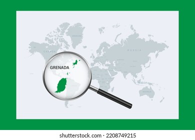 Map of Grenada on political world map with magnifying glass