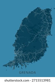 Die Karte von Grenada ist in blauen Farbtönen dargestellt. Die Topographie der Insel ist mit dunklerem Blau für Land und hellerem Blau für Wassermerkmale und Straßen illustriert.