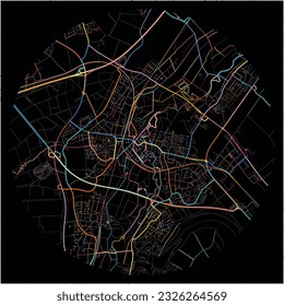 Map of Grevenbroich, North Rhine-Westphalia with all major and minor roads, railways and waterways. Colorful line art on black background.