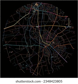 Map of GronauWestf-, North Rhine-Westphalia with all major and minor roads, railways and waterways. Colorful line art on black background.