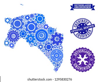Map of Groningen Province designed with blue engine symbols, and isolated grunge stamps for official repair services.