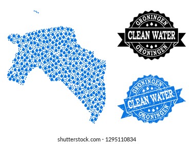Map of Groningen Province vector mosaic and clean water grunge stamp. Map of Groningen Province designed with blue water drops. Seal with retro rubber texture for clear drinking water.