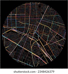 Map of Guadalajara, Jalisco with all major and minor roads, railways and waterways. Colorful line art on black background.