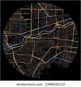 Map of Guadalupe, Nuevo León with all major and minor roads, railways and waterways. Colorful line art on black background.