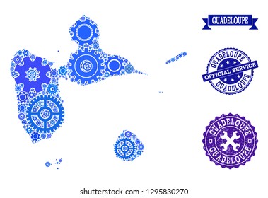 Map of Guadeloupe created with blue wheel symbols, and isolated grunge watermarks for official repair services. Vector abstract collage of map of Guadeloupe with mechanics symbols in blue color hues.