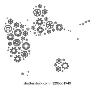 Map of Guadeloupe formed with gray cog symbols. Vector abstract mosaic of map of Guadeloupe with industry symbols. Engineering flat design for factory illustrations.