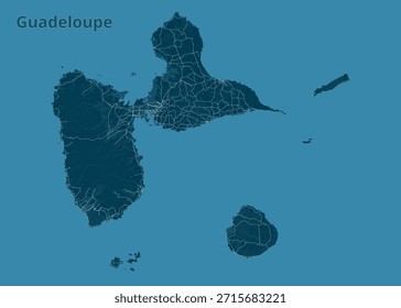 Mapa de Guadalupe. Las islas se representan en un color verde azulado oscuro, con líneas azuladas más claras que indican carreteras o límites. El océano circundante es un verde azulado más claro.