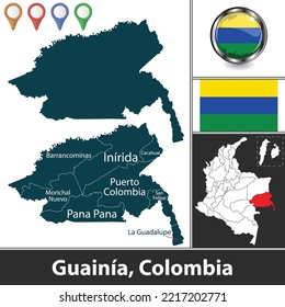 Map of Guainia department with municipalities and location on Colombian map. Vector image