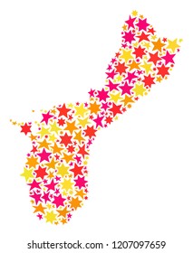 Map of Guam Island created with colored flat stars. Vector colored geographic abstraction of map of Guam Island with red, yellow, orange stars. Festive collage design for Xmas illustrations.
