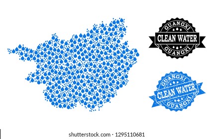 Map of Guangxi Province vector mosaic and clean water grunge stamp. Map of Guangxi Province composed with blue liquid dews. Seal with distress rubber texture for clean drinking water.