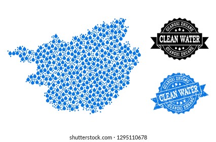 Map of Guangxi Zhuang Region vector mosaic and clean water grunge stamp. Map of Guangxi Zhuang Region created with blue water dews. Seal with grunge rubber texture for clean drinking water.