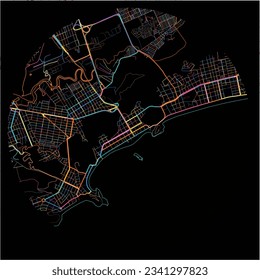 Map of Guaruja with all major and minor roads, railways and waterways. Colorful line art on black background.